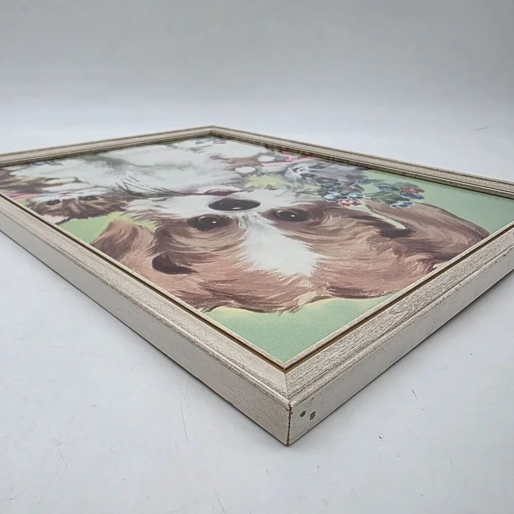 Vintage Framed Puppy & Kittens Print Wall Art Retro Illustration Wooden Frame 50